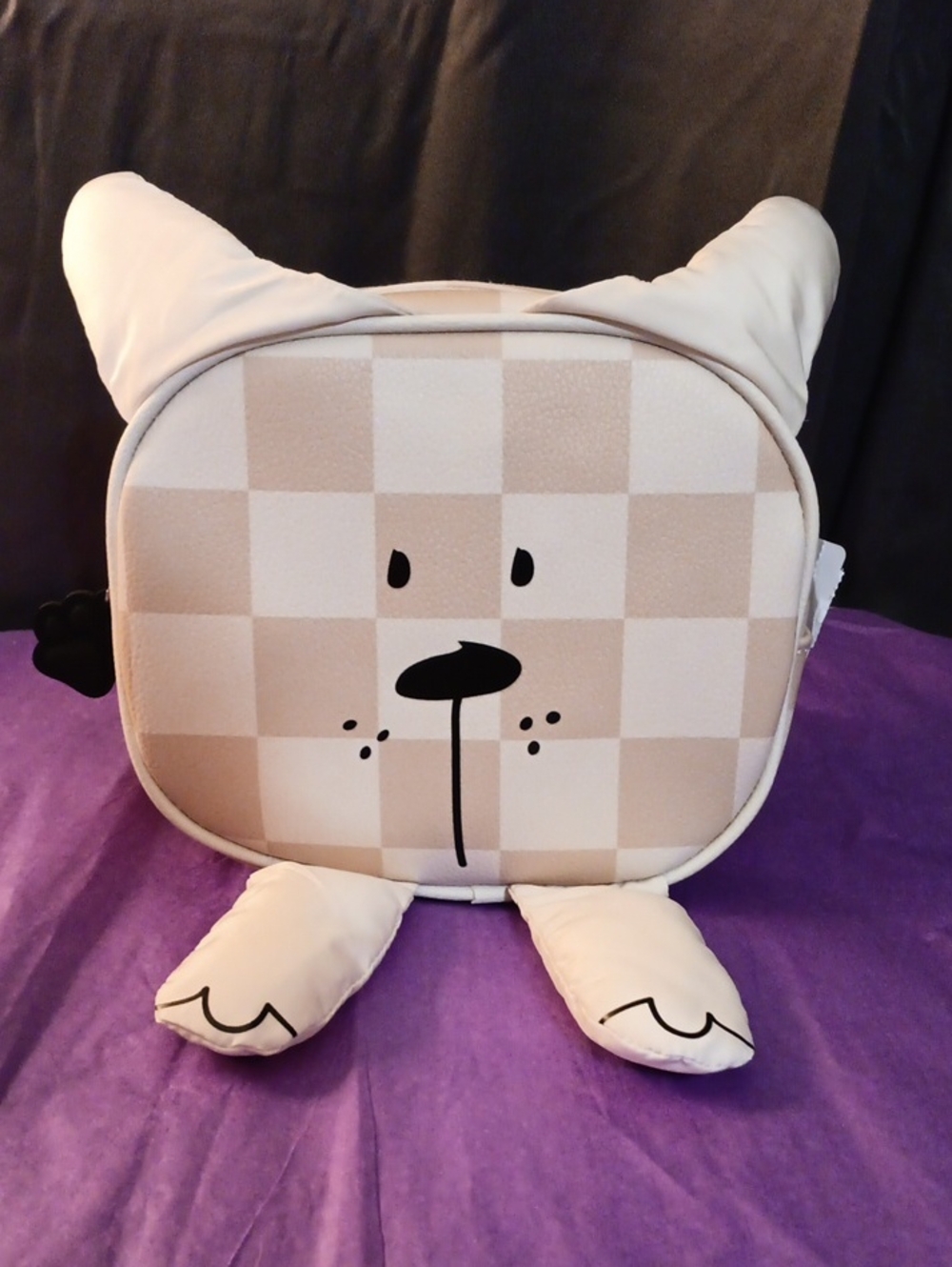 Cute Beige Checkered Dog Face Plush MINI Backpack